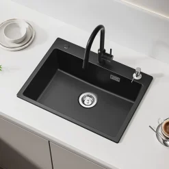 Évier de Cuisine 60 x 45 cm, CECIPA MAX Évier en granit , Évier 1 Bac avec Panier de Drainage + Distributeur de Savon