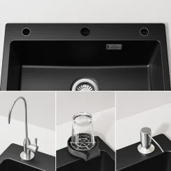 Évier de Cuisine 60 x 45 cm, CECIPA MAX Évier en granit , Évier 1 Bac avec Panier de Drainage + Distributeur de Savon