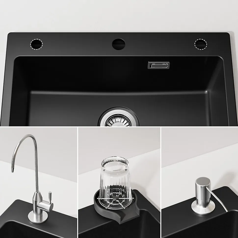 Évier de Cuisine 60 x 45 cm, CECIPA MAX Évier en granit , Évier 1 Bac avec Panier de Drainage + Distributeur de Savon