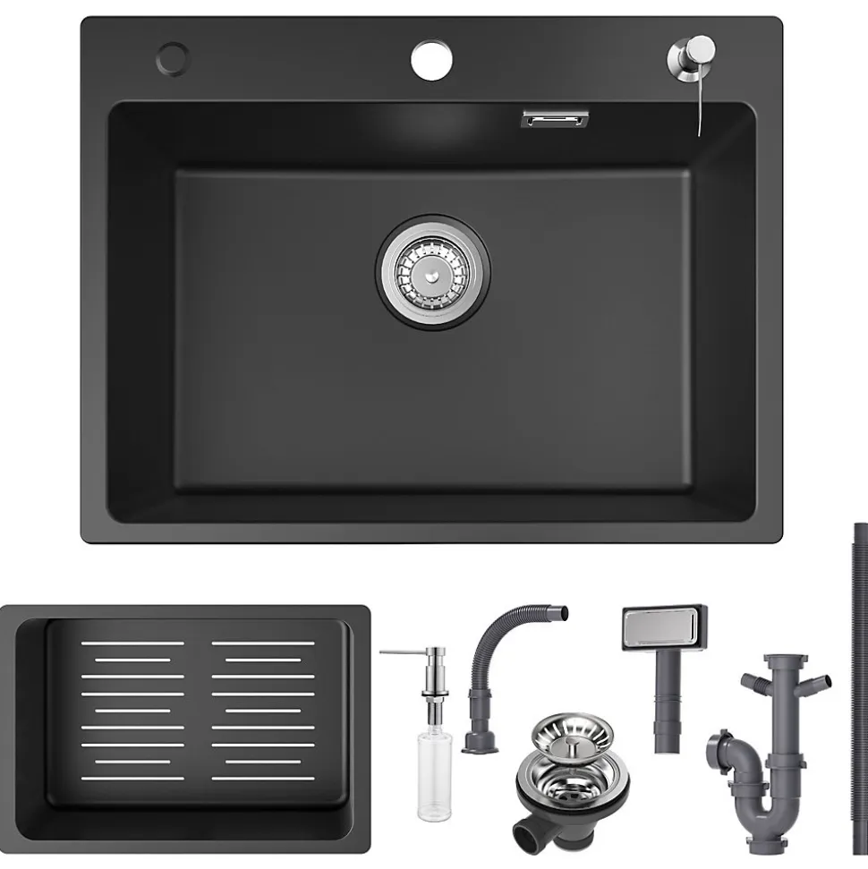 Évier de Cuisine 60 x 45 cm, CECIPA MAX Évier en granit , Évier 1 Bac avec Panier de Drainage + Distributeur de Savon