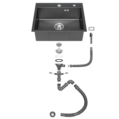 Évier de Cuisine 55 x 45 cm, CECIPA MAX Évier en inox Noir, Évier 1 Bac Montage Encastré ou Supérieur + Distributeur de Savon