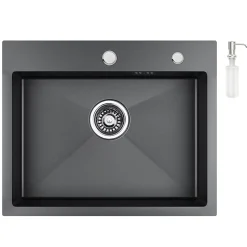 Évier de Cuisine 55 x 45 cm, CECIPA MAX Évier en inox Noir, Évier 1 Bac Montage Encastré ou Supérieur + Distributeur de Savon