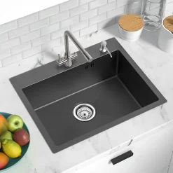 Évier de Cuisine 55 x 45 cm, CECIPA MAX Évier en inox Noir, Évier 1 Bac Montage Encastré ou Supérieur + Distributeur de Savon