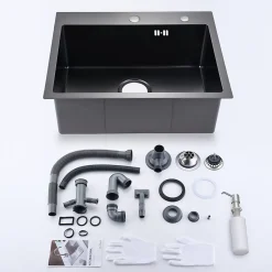 Évier de Cuisine 55 x 45 cm, CECIPA MAX Évier en inox Noir, Évier 1 Bac Montage Encastré ou Supérieur + Distributeur de Savon