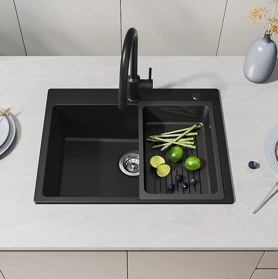 Évier de Cuisine 60 x 45 cm, CECIPA MAX Évier en granit , Évier 1 Bac avec Panier de Drainage