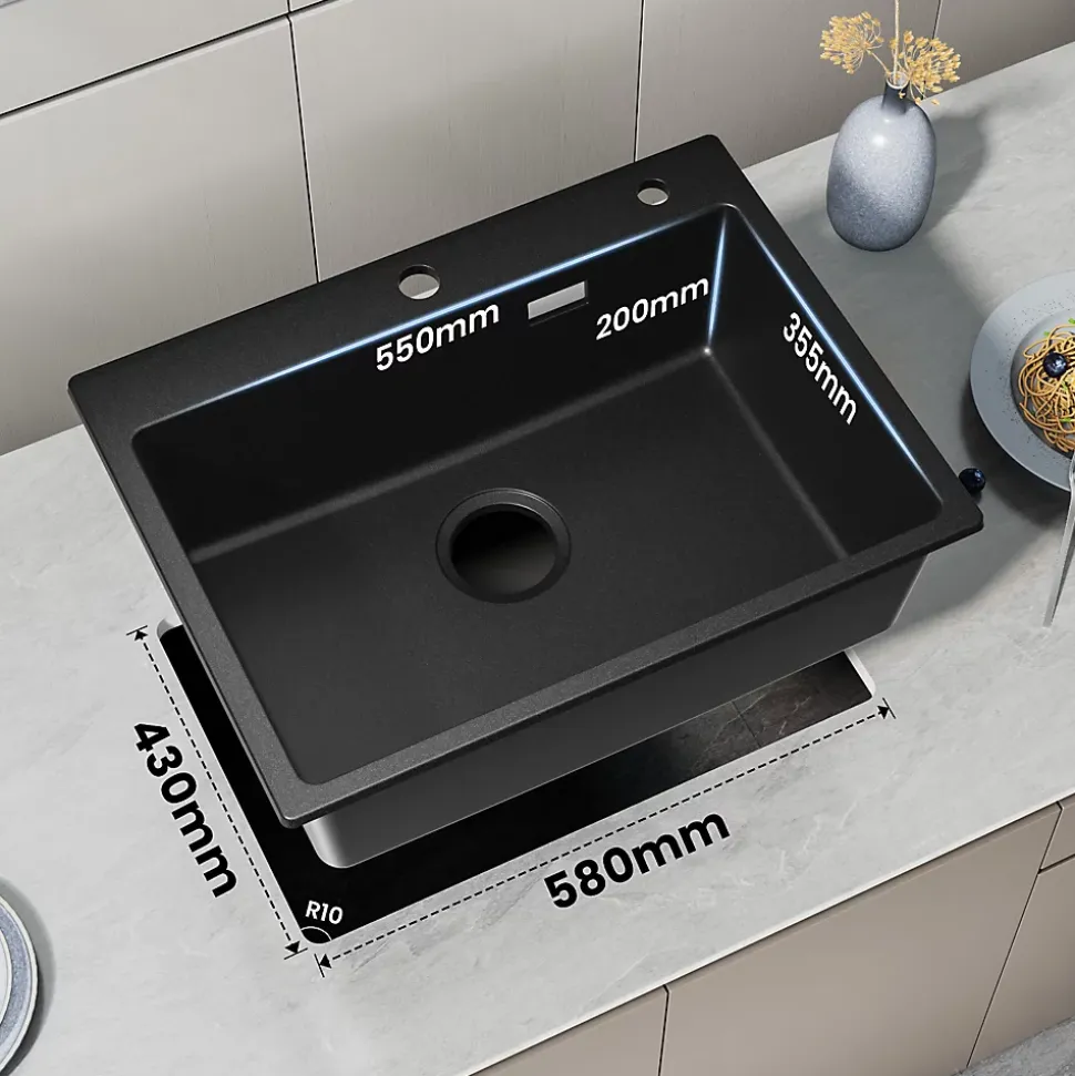 Évier de Cuisine 60 x 45 cm, CECIPA MAX Évier en granit , Évier 1 Bac avec Panier de Drainage