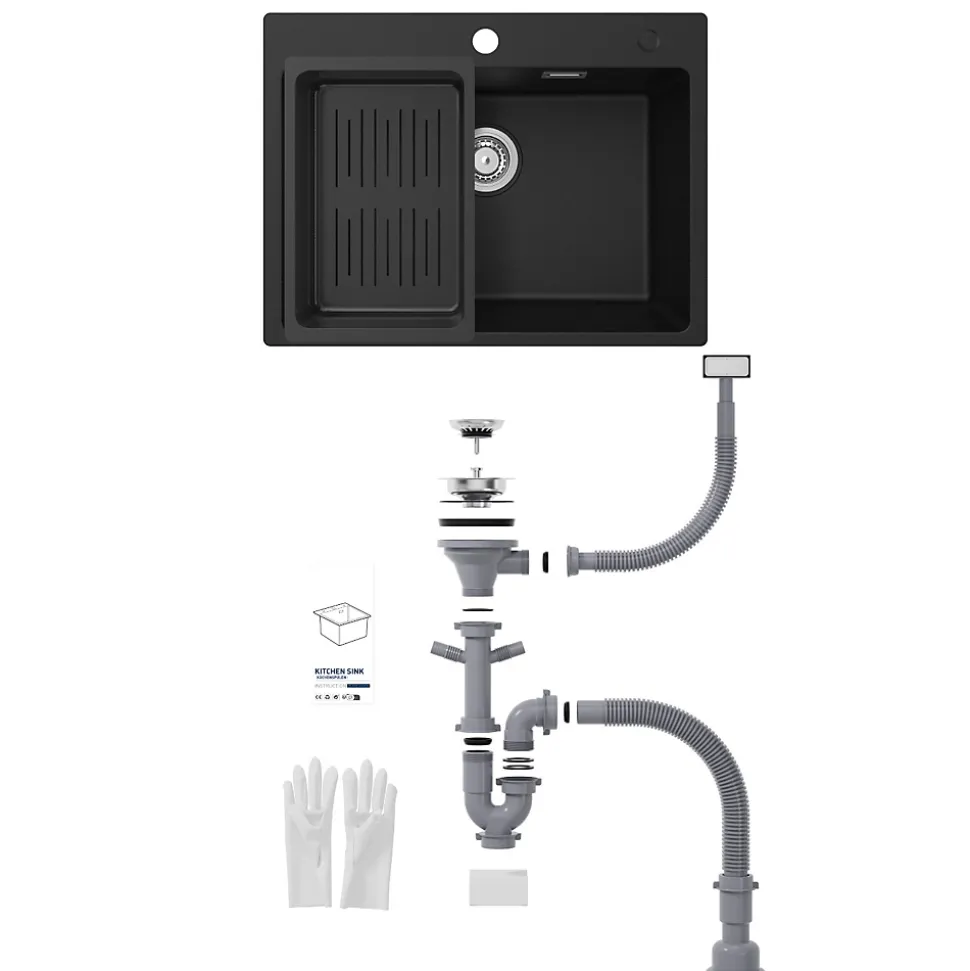 Évier de Cuisine 60 x 45 cm, CECIPA MAX Évier en granit , Évier 1 Bac avec Panier de Drainage