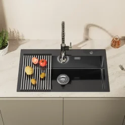 Évier de Cuisine 75 x 45 cm, CECIPA MAX Évier en Inox Noir , Évier 1 Bac avec Panier de Drainage