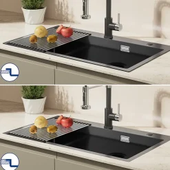 Évier de Cuisine 75 x 45 cm, CECIPA MAX Évier en Inox Noir , Évier 1 Bac avec Panier de Drainage