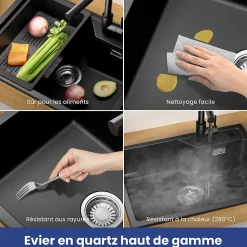 Évier de Cuisine 60 x 45 cm, Cecipa MAX Évier en Granit Noir, Évier 1 Bac avec Panier de Drainage , Évier à Encastrer
