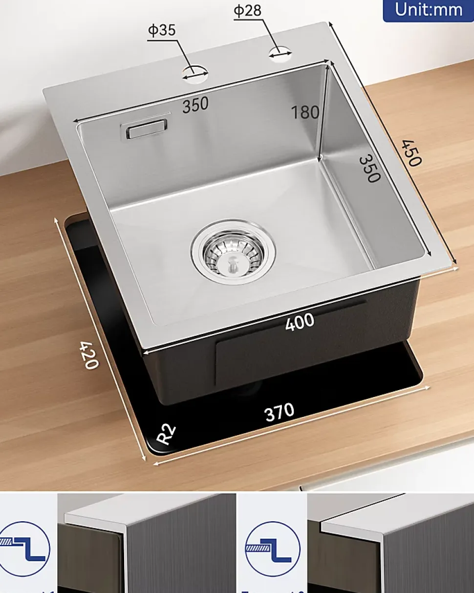 Évier de Cuisine 40 x 45 cm, CECIPA MAX Évier en inox brossé, Évier 1 Bac, Lavabo Cuisine Montage Encastré ou Supérieur