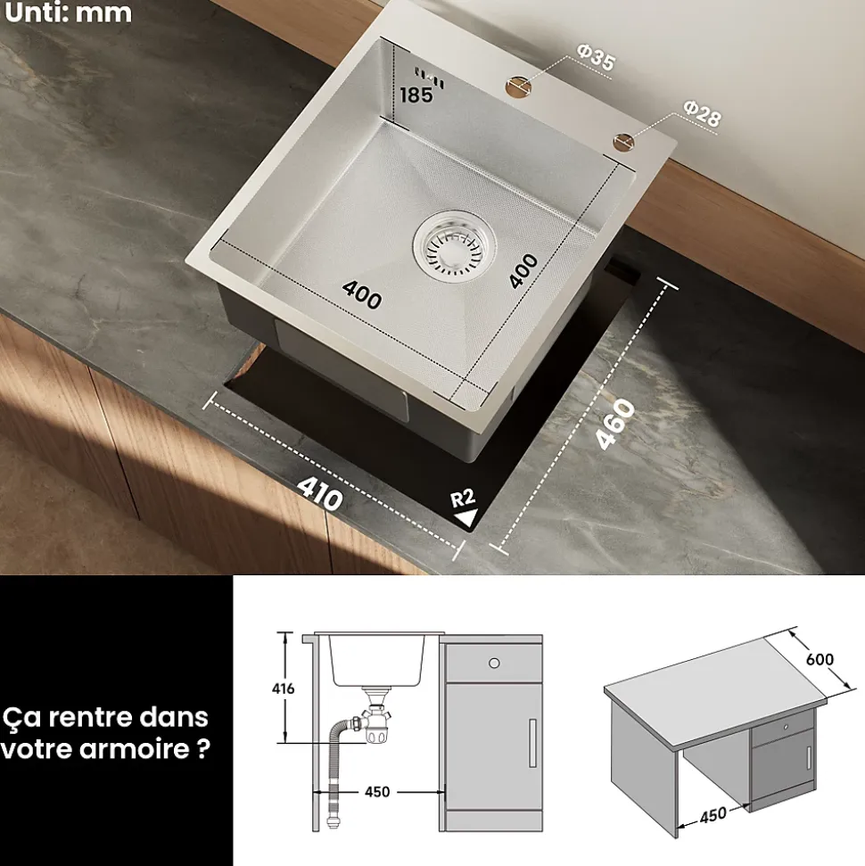 Évier de Cuisine 49 x 44 cm, CECIPA MAX Évier en inox, Évier 1 Bac Montage Encastré ou Supérieur