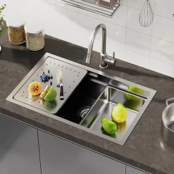 Évier de Cuisine 70 x 44 cm, CECIPA MAX Évier en inox brossé, Évier 1 Bac Montage Encastré ou Supérieur