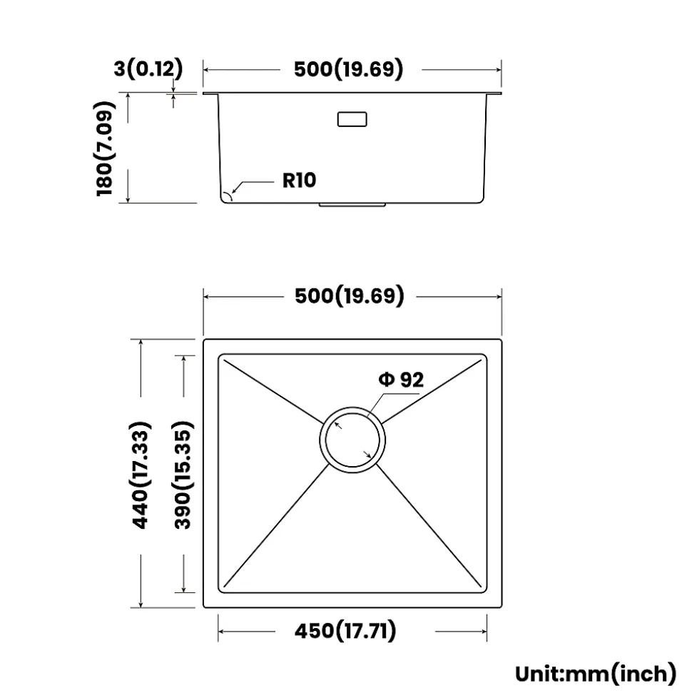 Évier de Cuisine 50 x 44 cm, CECIPA MAX Évier en inox Noir, Évier 1 Bac Montage Encastré ou Supérieur