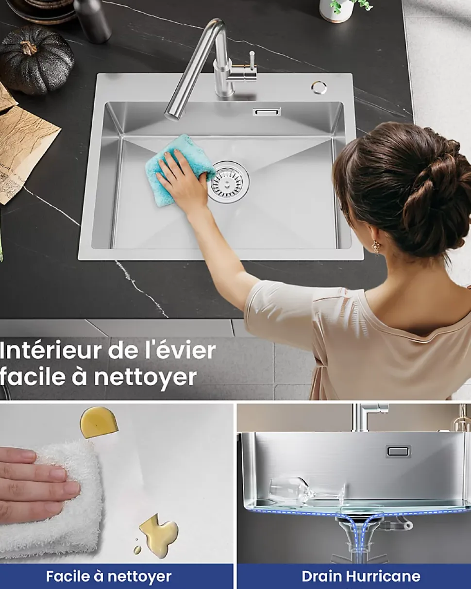 Évier de Cuisine 60 x 45 cm, Cecipa MAX Évier en Inox Brossé, Évier 1 Bac avec Panier de Drainage , Évier à Encastrer