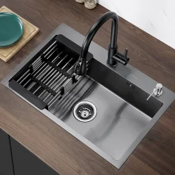 Évier de Cuisine 68 x 45 cm, SOFETIY MAX Évier en Inox Noir, Évier 1 Bac avec Panier de Drainage