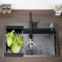 Évier de Cuisine 68 x 45 cm, SOFETIY MAX Évier en Inox Noir, Évier 1 Bac avec Panier de Drainage