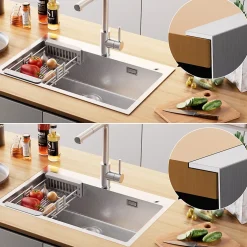 Évier de Cuisine 75 x 45 cm, SOFETIY MAX Évier en Inox, Évier 1 Bac avec Panier de Drainage