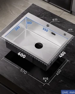 Évier de Cuisine 60 x 48 cm, SOFETIY MAX Évier carré en inox brossé, Évier 1 Bac, Lavabo Cuisine Montage Encastré ou Supérieur