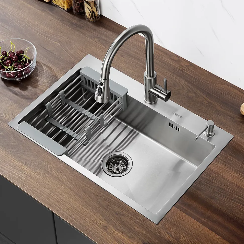 Évier de Cuisine 68 x 45 cm, SOFETIY MAX Évier en Inox, Évier 1 Bac avec Panier de Drainage