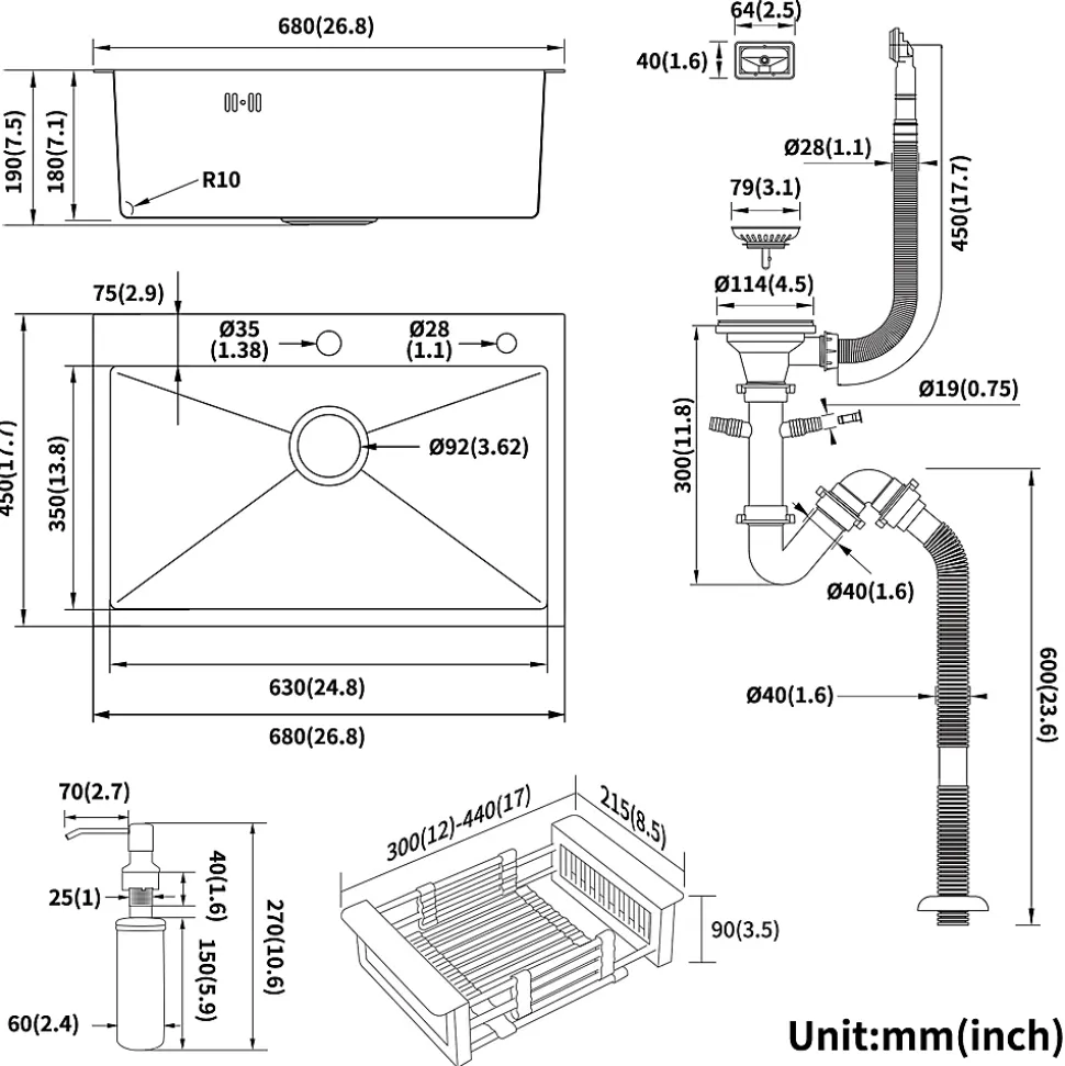Évier de Cuisine 68 x 45 cm, SOFETIY MAX Évier en Inox, Évier 1 Bac avec Panier de Drainage