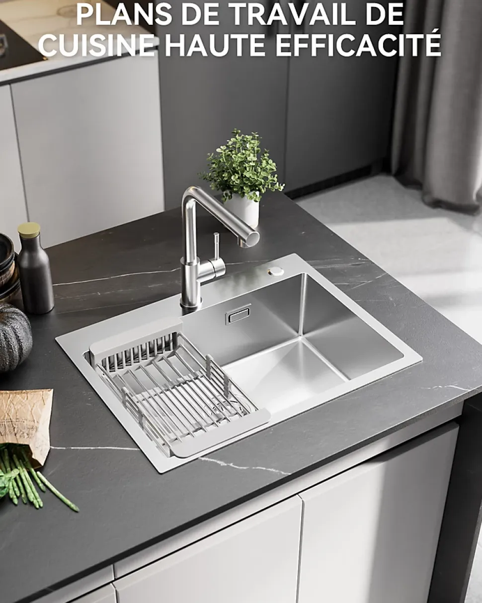 Évier de Cuisine 60 x 45 cm, SOFETIY MAX Évier en Inox Brossé, Évier 1 Bac avec Panier de Drainage , Évier à Encastrer