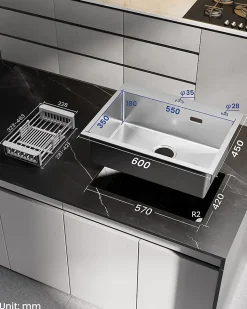 Évier de Cuisine 60 x 45 cm, SOFETIY MAX Évier en Inox Brossé, Évier 1 Bac avec Panier de Drainage , Évier à Encastrer