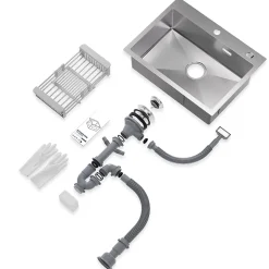 Évier de Cuisine 60 x 45 cm, SOFETIY MAX Évier en Inox Brossé, Évier 1 Bac avec Panier de Drainage , Évier à Encastrer