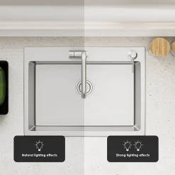 Évier de cuisine, cuve simple, 68 x 45 cm, évier en acier inoxydable à cuve simple avec filtre de vidange, robinet et trous de