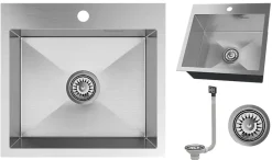 Évier de cuisine en acier inoxydable simple SILVO48 avec finition chromée et siphon