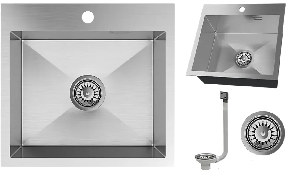 Évier de cuisine en acier inoxydable simple SILVO48 avec finition chromée et siphon