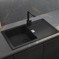 Évier de cuisine en composite de quartz noir 1 bac à encastrer GoodHome Hawking + égouttoir