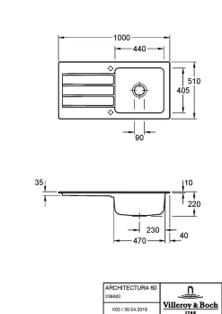 Évier de cuisine en céramique 1 cuve à encastrer Villeroy & Boch Collection blanc brillant