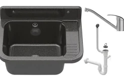 Évier de Cuisine en Granite Gris avec Robinet Noir Extensible