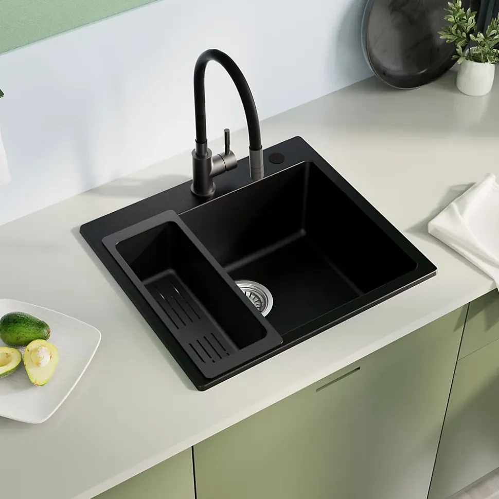 Évier de Cuisine en Granit 50x45cm , SOFETIY MAX Évier 1 Bac Noir , Kit de Vidage,Évier à poser + Panier égouttoir