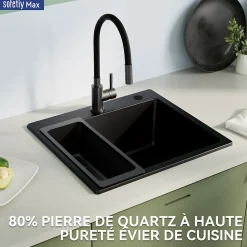Évier de Cuisine en Granit 50x45cm , SOFETIY MAX Évier 1 Bac Noir , Kit de Vidage,Évier à poser + Panier égouttoir