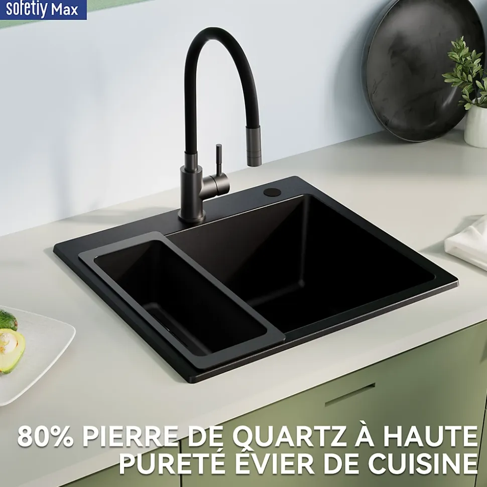 Évier de Cuisine en Granit 50x45cm , SOFETIY MAX Évier 1 Bac Noir , Kit de Vidage,Évier à poser + Panier égouttoir