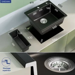 Évier de Cuisine en Granit 50x45cm , SOFETIY MAX Évier 1 Bac Noir , Kit de Vidage,Évier à poser + Panier égouttoir