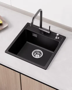 Évier de Cuisine en Granit 45x46cm , ANYCEE MAX Évier 1 Bac Noir , Kit de Vidage,Évier à Encastrer