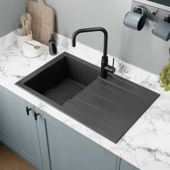 Évier de cuisine en résine noir 1 bac à encastrer et égouttoir GoodHome Keluak