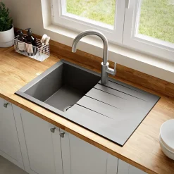 Évier de cuisine en résine gris 1 bac à encastrer et égouttoir GoodHome Keluak