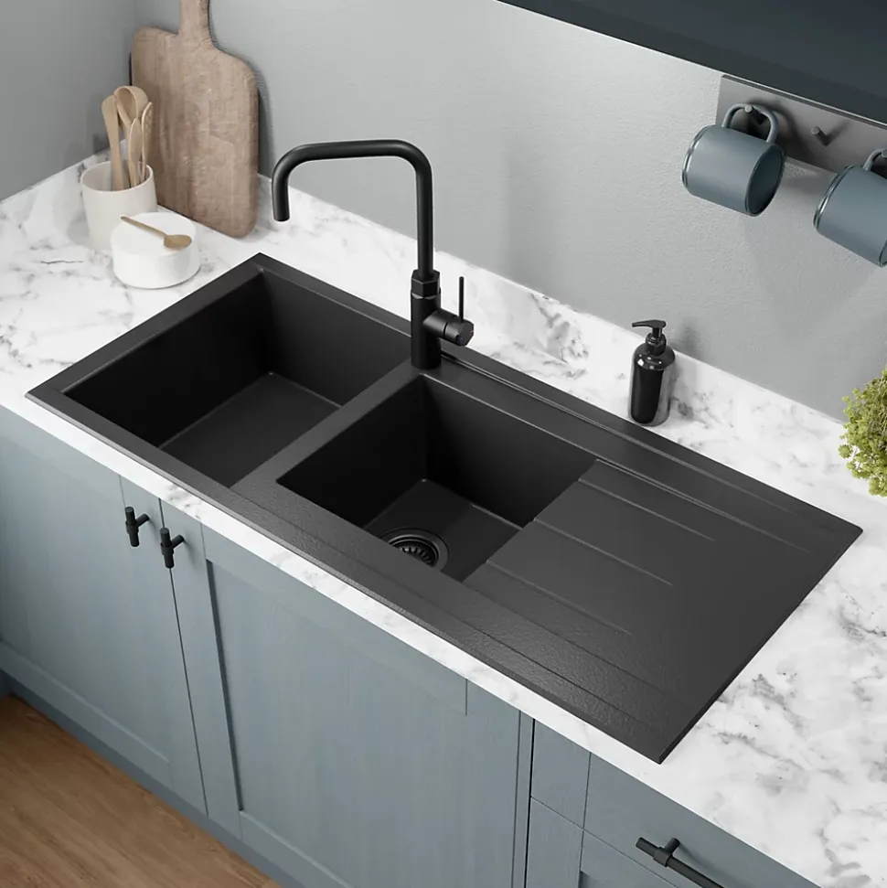 Évier de cuisine en résine noir 2 bacs à encastrer et égouttoir GoodHome Keluak