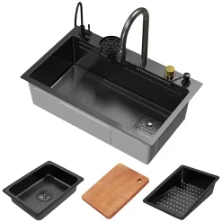 Évier de cuisine encasté multifonctions robinet douchette 75x46 cm anthracite