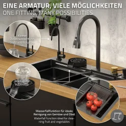 Évier de cuisine encasté multifonctions robinet douchette 75x46 cm anthracite