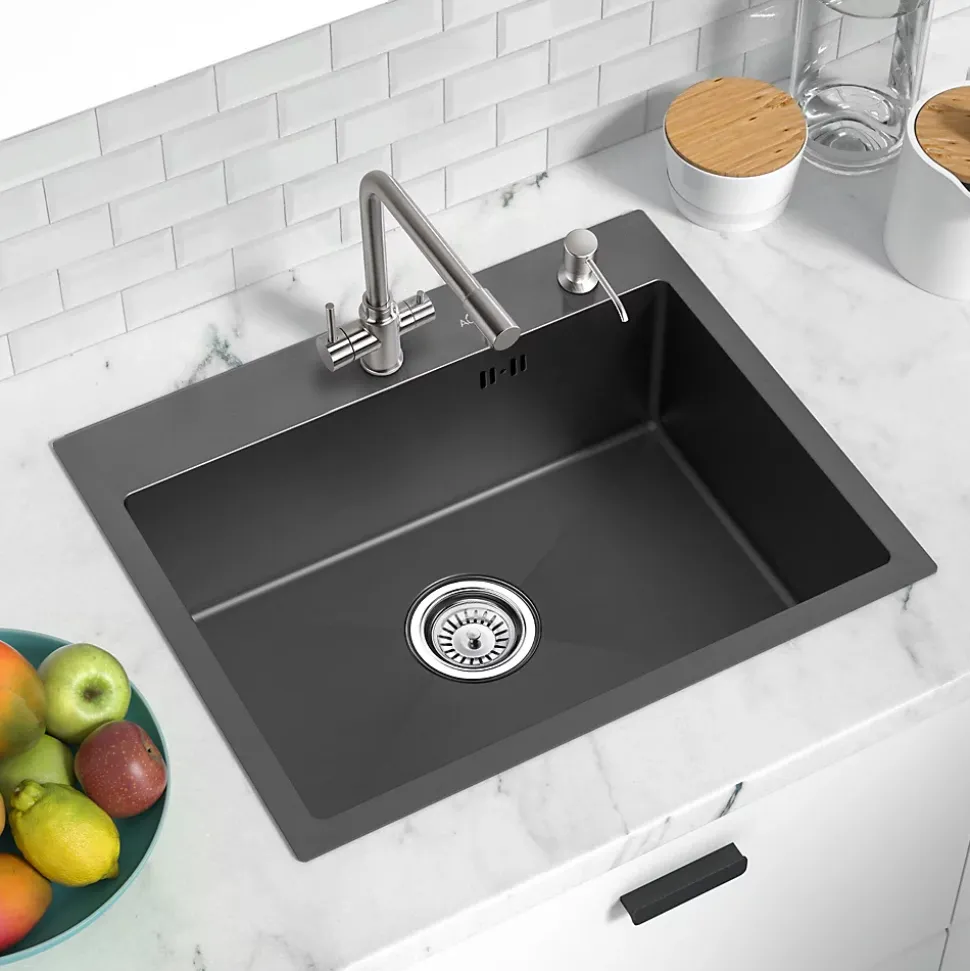 Évier de Cuisine inox 55 x 45 cm, CECIPA MAX Évier 1 Bac, Lavabo Cuisine Montage Encastré ou Supérieur + Distributeur de Savon