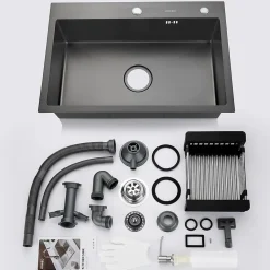 Évier de Cuisine inox 68 x 45 cm, Auralum MAX Évier 1 Bac, Lavabo Cuisine Montage Encastré ou Supérieur, avec Panier à eau