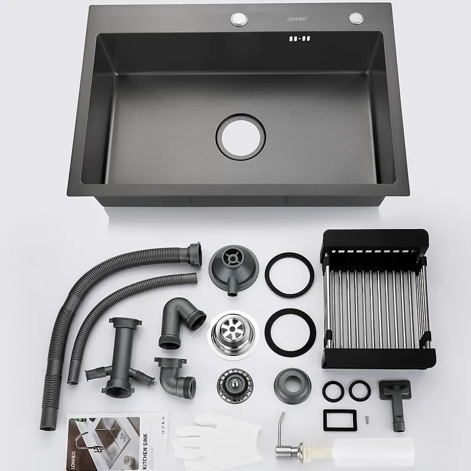 Évier de Cuisine inox 68 x 45 cm, Auralum MAX Évier 1 Bac, Lavabo Cuisine Montage Encastré ou Supérieur, avec Panier à eau