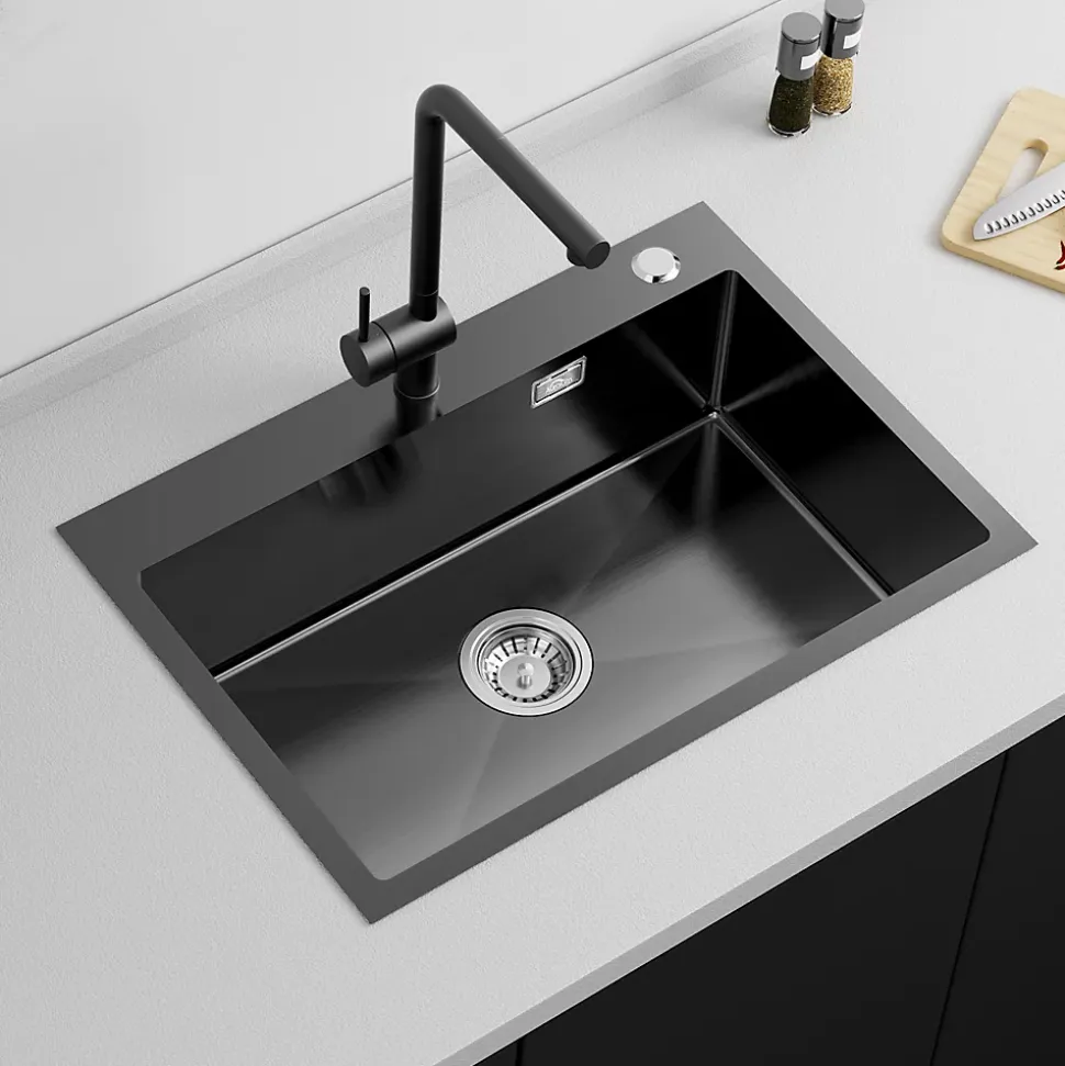 Évier de Cuisine inox 68 x 45 cm, Auralum MAX Évier 1 Bac, Lavabo Cuisine Montage Encastré ou Supérieur, avec Panier à eau