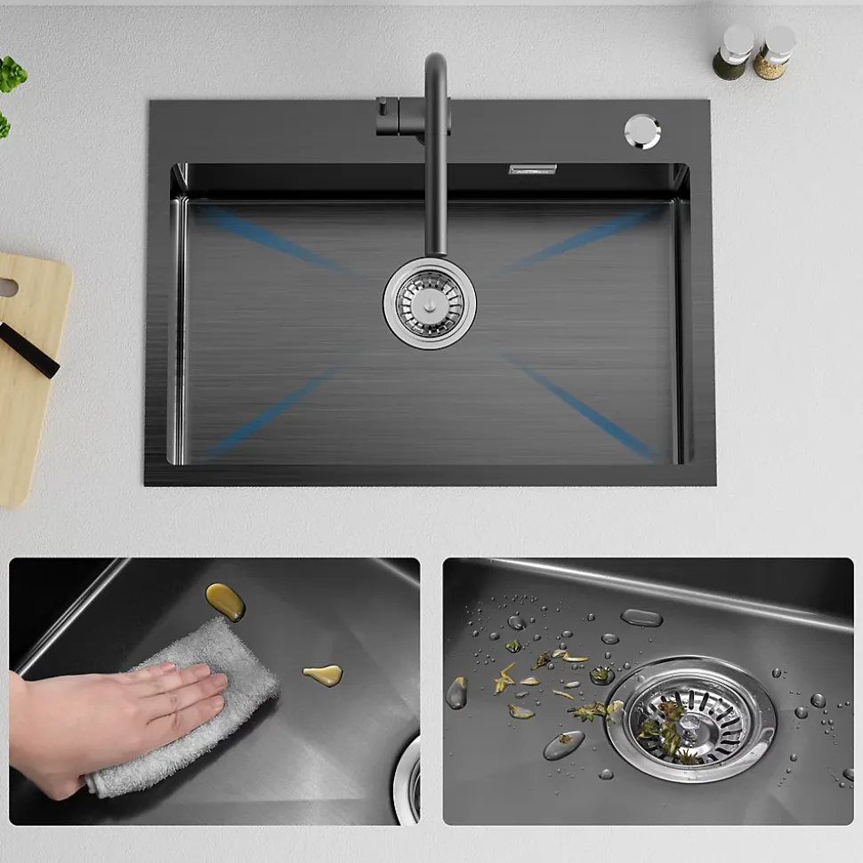 Évier de Cuisine inox 68 x 45 cm, Auralum MAX Évier 1 Bac, Lavabo Cuisine Montage Encastré ou Supérieur, avec Panier à eau