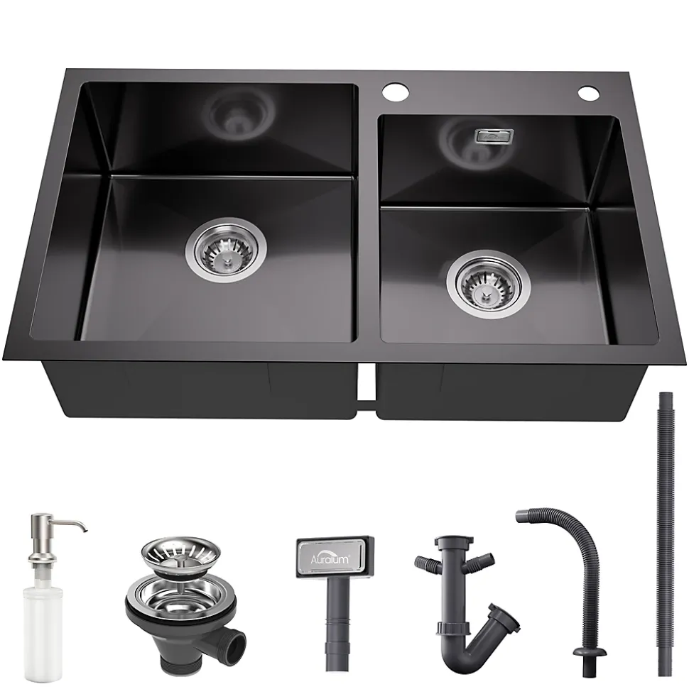 Évier de Cuisine inox 75 x 45 cm, Auralum MAX Évier 2 Bacs, Lavabo Cuisine Montage Encastré ou Supérieur, Évier carré